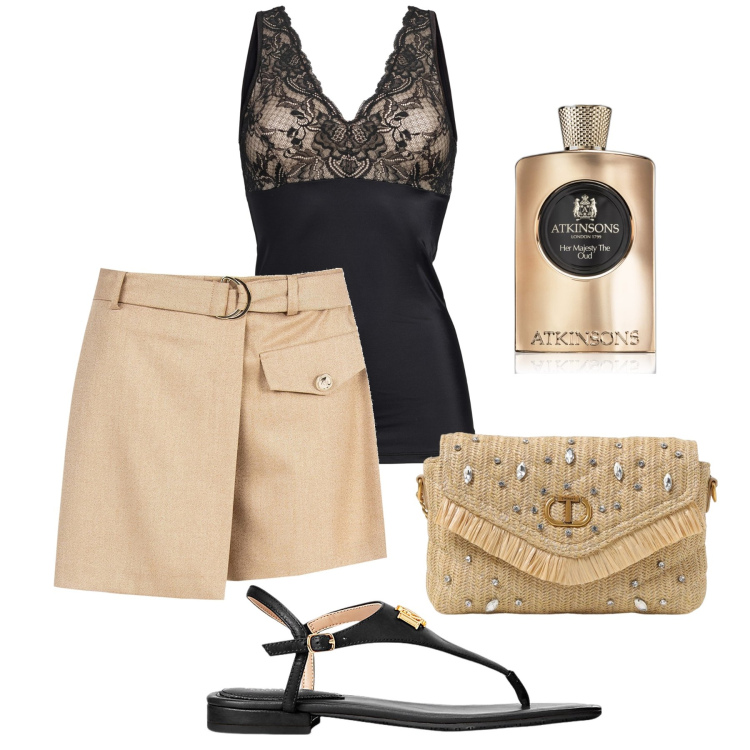 Outfit donna - Gli shorts per la sera. Stile Glamour per Serata fuori. Abbinamento con top, profumi, shorts, sandali in pelle, borse a spalla.
