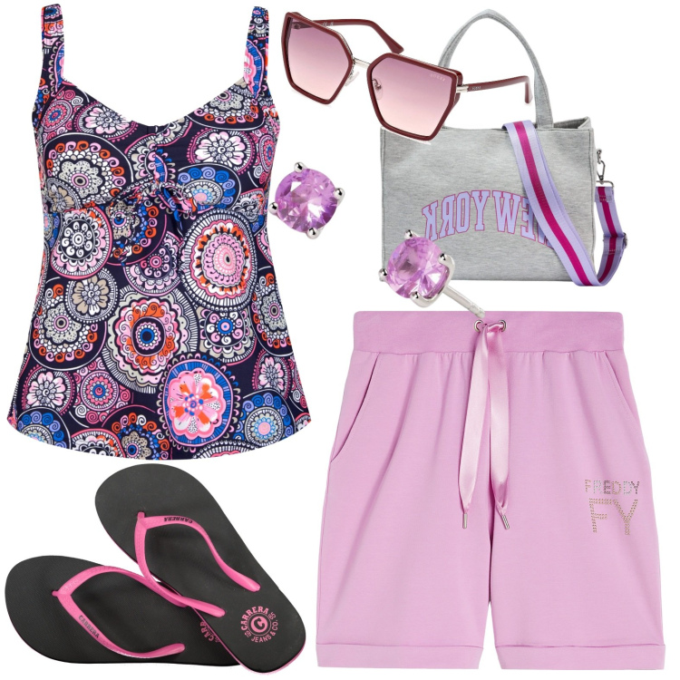 Outfit donna - Total look #1921447. Stile Casual per Mare. Abbinamento con top, pantaloni corti, orecchini, shopping bag, occhiali da sole, infradito.