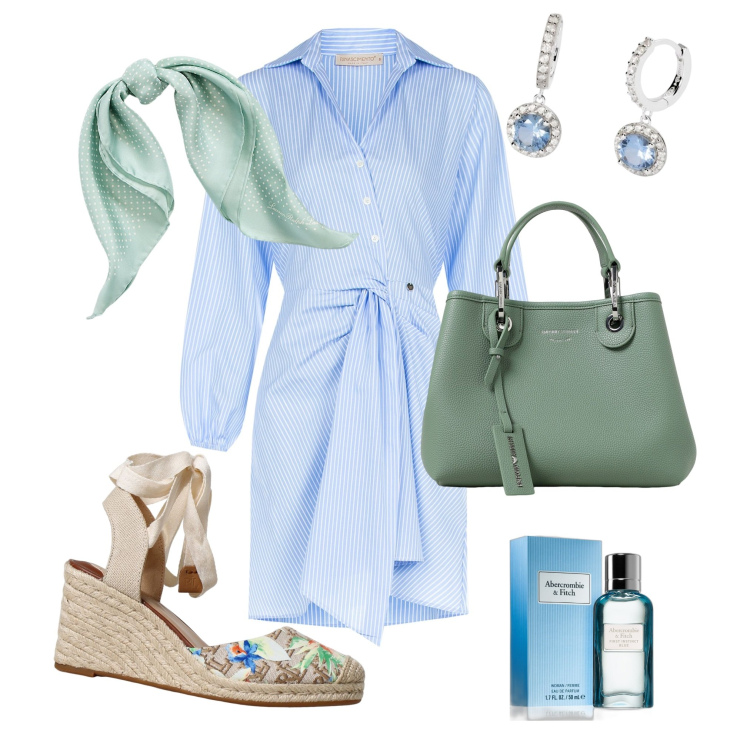 Outfit donna - Light blue - light green. Stile Urban per Scuola/Università. Abbinamento con profumi, orecchini, vestiti chemisier, foulard, zeppe, borse tote.