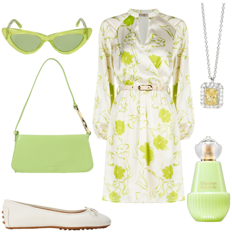 Outfit donna - Total look #1921450. Stile Casual chic per Tutti i giorni. Abbinamento con profumi, collane, vestiti corti, ballerine, occhiali da sole, borse a spalla.