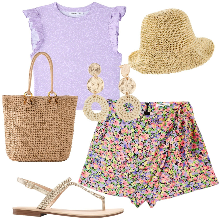 Outfit donna - Total look #1921460. Stile Casual per Tutti i giorni. Abbinamento con ciabatte, orecchini, cappelli, shopping bag, gonne, t-shirt.
