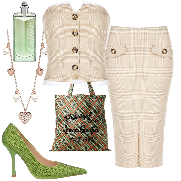 Outfit donna - Total look #1921461. Stile Casual per Tutti i giorni. Abbinamento con décolleté, profumi, collane, top, gonne longuette, borse a mano.