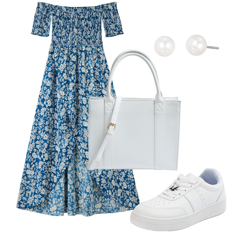 Outfit donna - Basta un abitino. Stile Romantica per Tutti i giorni. Abbinamento con vestiti lunghi, shopping bag, sneakers, orecchini.