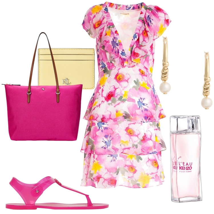 Outfit donna - Total look #1921487. Stile Glamour per Tutti i giorni. Abbinamento con profumi, vestiti senza maniche, portafogli, borse tote, orecchini, sandali.