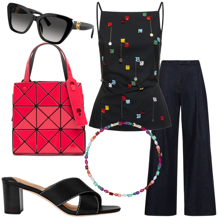 Outfit donna - Total look #1921491. Stile Casual chic per Serata fuori. Abbinamento con collane, occhiali da sole, sandali in pelle, top, pantaloni, borse a mano.