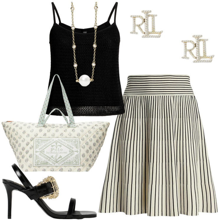 Outfit donna - Total look #1921497. Stile Chic per Serata fuori. Abbinamento con collane, orecchini, borse tote, canottiere, gonne, sandali col tacco.