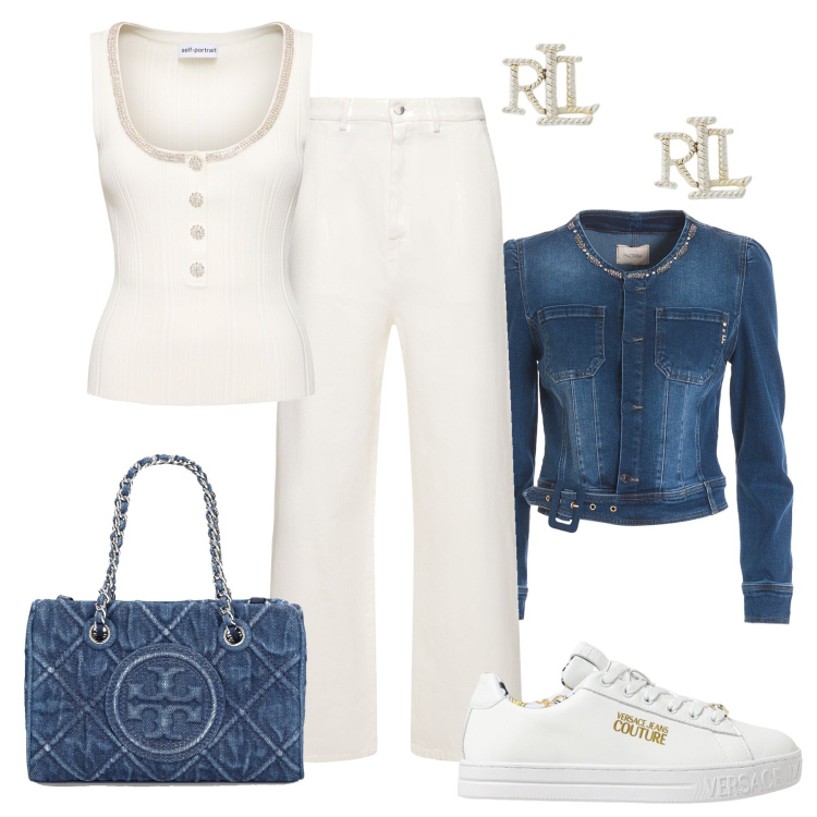 Outfit donna - Quando la sera rinfresca. Stile Casual chic per Serata fuori. Abbinamento con blazer, orecchini, sneakers, pantaloni, borse a mano, top.