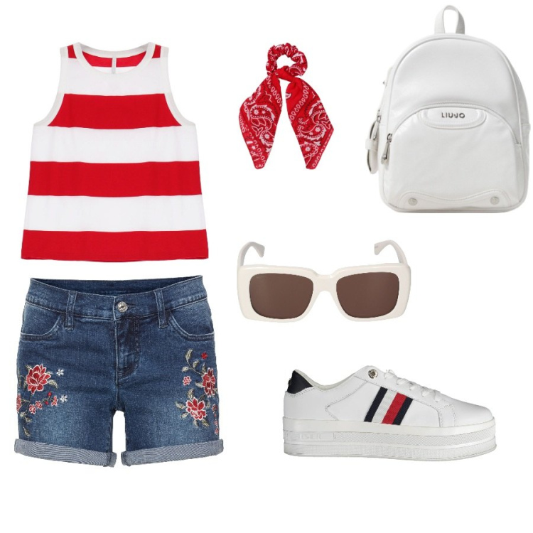 Outfit donna - Total look #1921502. Stile Casual per Tutti i giorni. Abbinamento con shorts, top, scarpe sportive, zaini, accessori per capelli, occhiali da sole.
