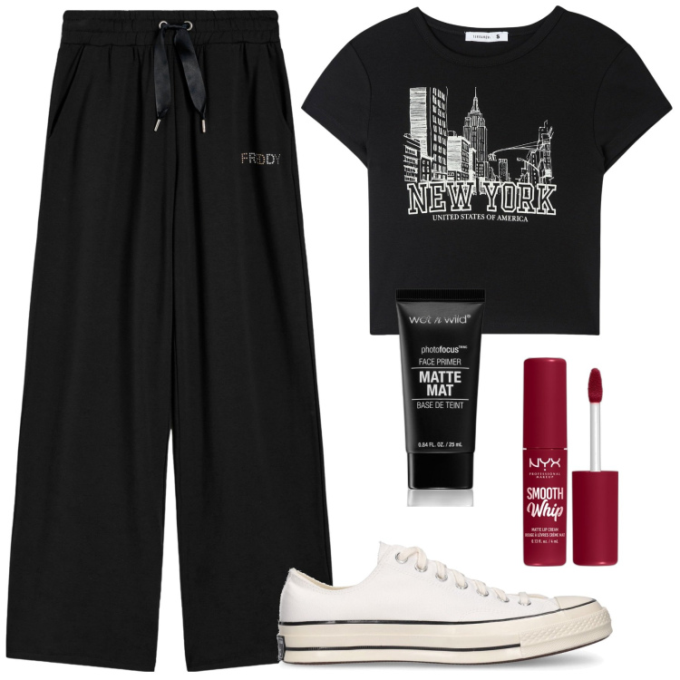Outfit donna - Total look #1921505. Stile Urban per Tutti i giorni. Abbinamento con rossetti, primer, t-shirt, pantaloni, sneakers.