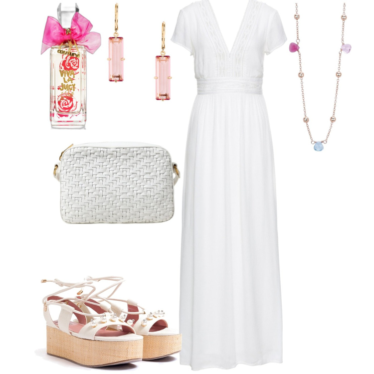 Outfit donna - Serata al porto in bianco. Stile Romantica per Serata fuori. Abbinamento con vestiti lunghi, profumi, collane, sandali col tacco, orecchini, borse a tracolla.