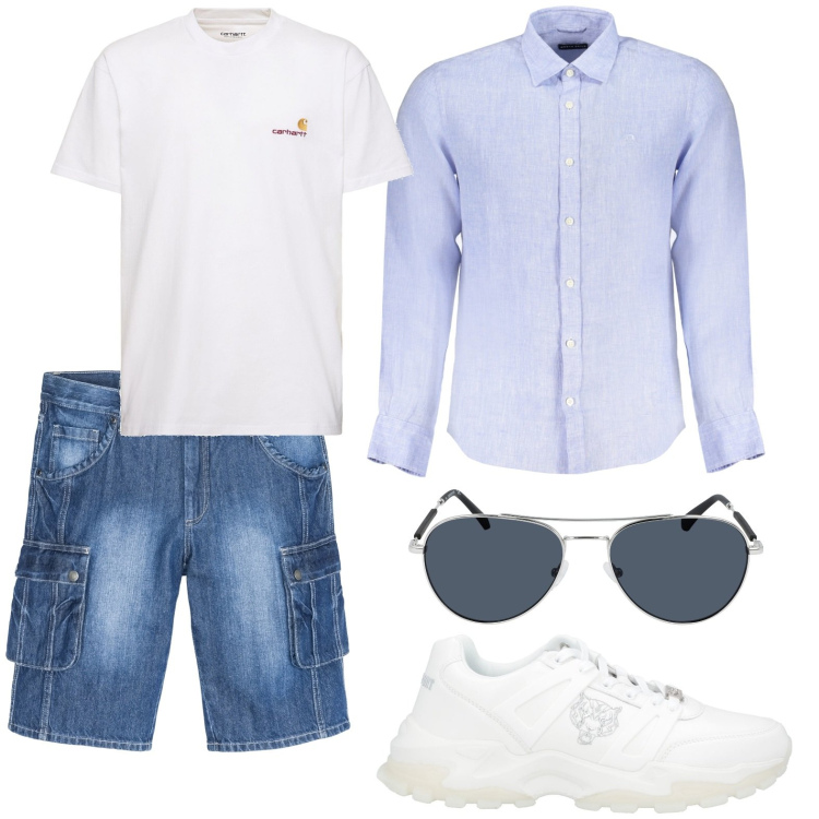 Outfit uomo - Jeans e sneackers. Stile Casual per Tutti i giorni. Abbinamento con bermuda, sneakers, occhiali da sole, camicie, t-shirt.