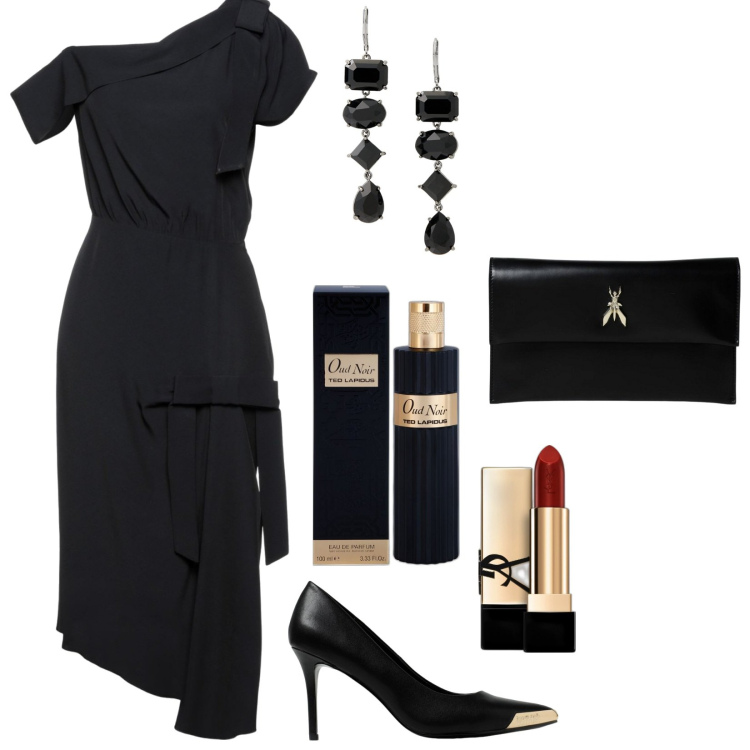 Outfit donna - Tubino nero sexy e moderno. Stile Chic per Serata fuori. Abbinamento con rossetti, profumi, vestiti midi/longuette, orecchini, clutch, scarpe col tacco.