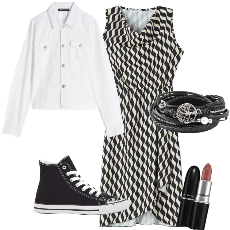 Outfit donna - Optical city e le basket. Stile Urban per Tutti i giorni. Abbinamento con braccialetti, sneakers alte, rossetti, vestiti corti, blazer.