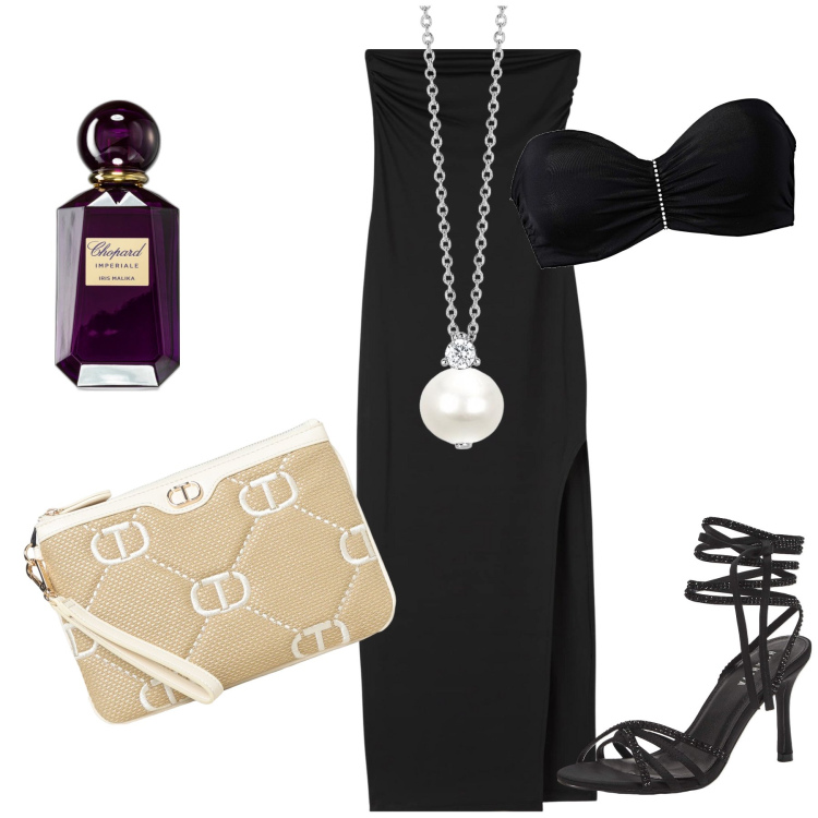 Outfit donna - Bellissima e profumatissima. Stile Chic per Serata fuori. Abbinamento con reggiseni, profumi, vestiti lunghi, sandali alla schiava, collane, clutch.