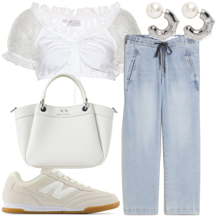 Outfit donna - Total look. Stile Casual chic per Tutti i giorni. Abbinamento con camicie, jeans boyfriend, sneakers, borse a mano, orecchini.