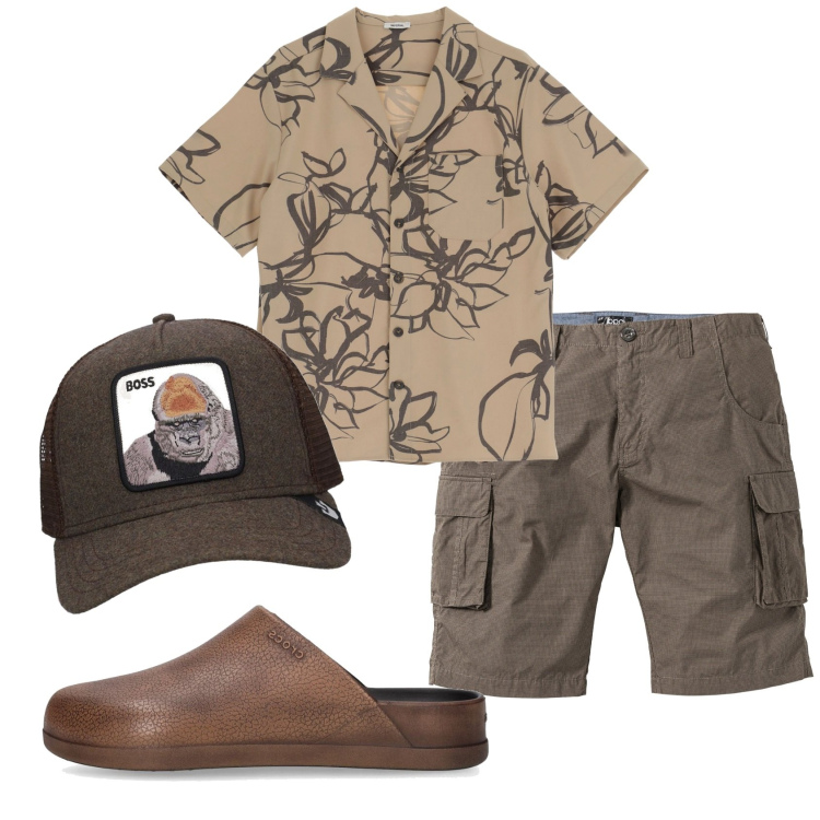 Outfit uomo - Total look #1921559. Stile Trendy per Tutti i giorni. Abbinamento con bermuda, camicie a manica corta, cappelli con visiera, pantofole.