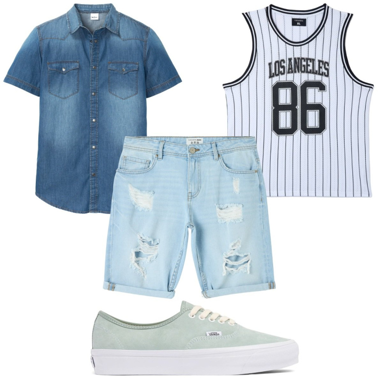 Outfit uomo - Total look #1921568. Stile Trendy per Tutti i giorni. Abbinamento con camicie a manica corta, shorts, canottiere, sneakers.