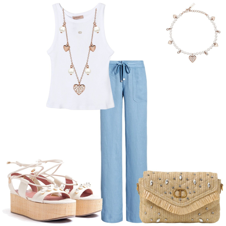 Outfit donna - Una giornata in libertà. Stile Casual chic per Tutti i giorni. Abbinamento con braccialetti, collane, sandali col tacco, pantaloni, top, borse a spalla.