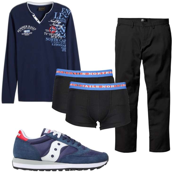 Outfit uomo - Total look #1921583. Stile Trendy per Tutti i giorni. Abbinamento con pantaloni chino, maglieria, sneakers, boxer.