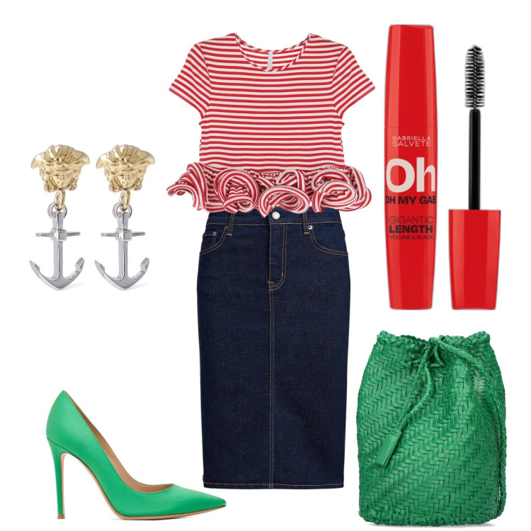 Outfit donna - Total look #1921588. Stile Casual chic per Ufficio. Abbinamento con mascara, t-shirt, gonne, décolleté, borse a spalla, orecchini.