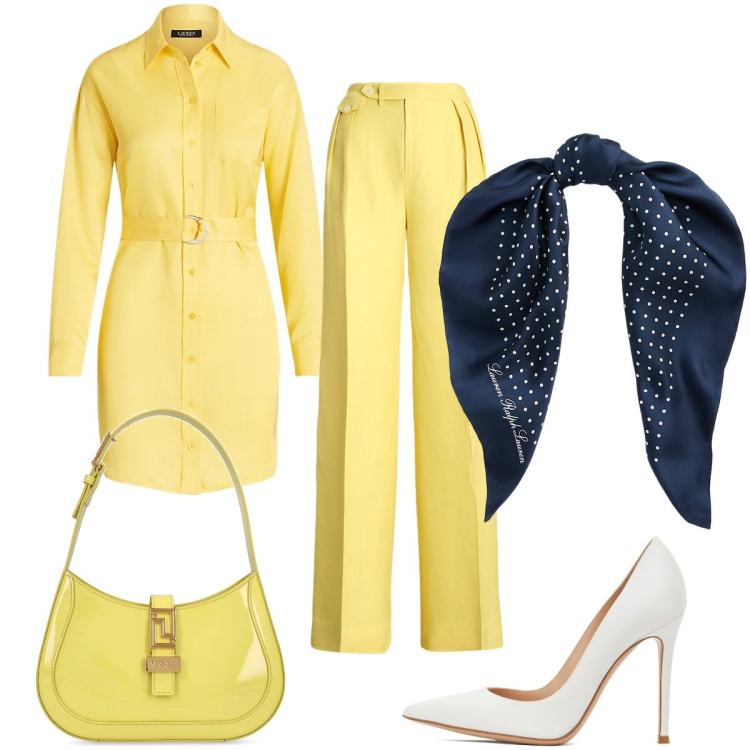Outfit donna - Total look #1921590. Stile Chic per Ufficio. Abbinamento con foulard, pantaloni, camicie, décolleté, borse a spalla.