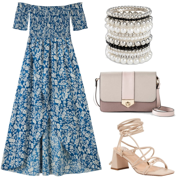 Outfit donna - Fiorellini a tema. Stile Bon Ton per Serata fuori. Abbinamento con braccialetti, borse a tracolla, vestiti lunghi, sandali alla schiava.