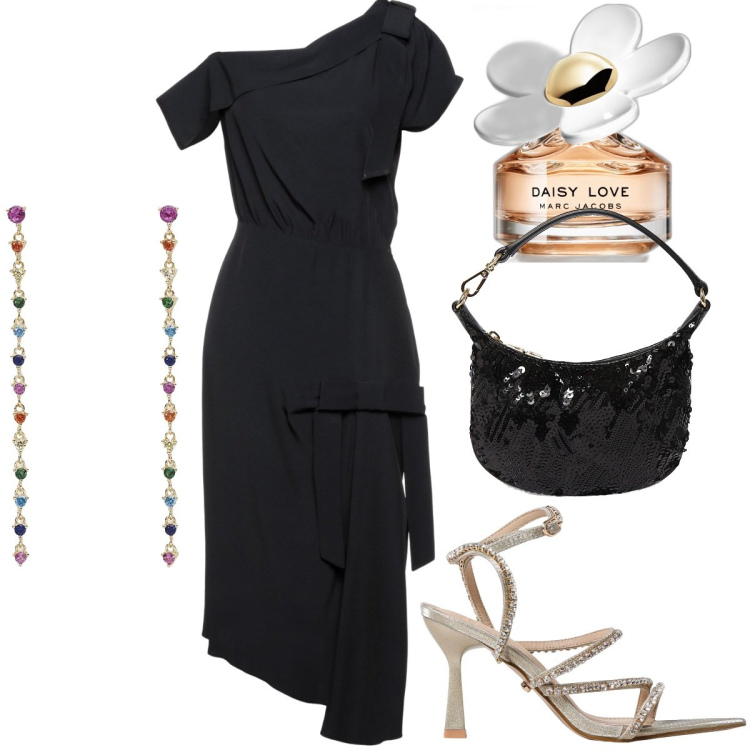 Outfit donna - L’abito asimmetrico. Stile Glamour per Serata fuori. Abbinamento con vestiti midi/longuette, profumi, orecchini, sandali col tacco, pochette.