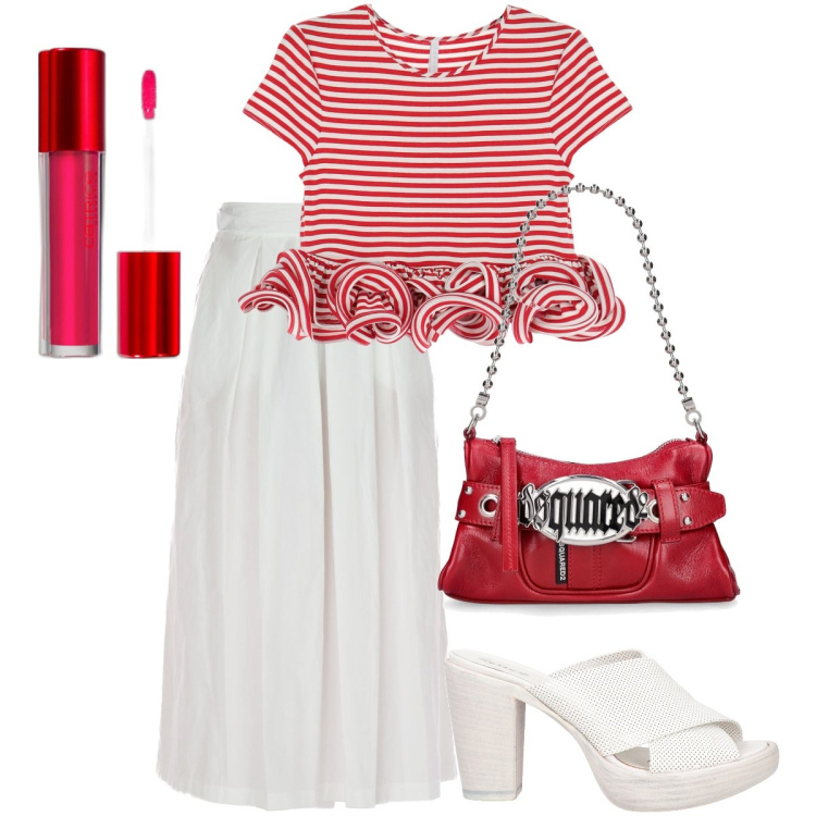 Outfit donna - Ruches arricciate. Stile Bon Ton per Tutti i giorni. Abbinamento con sandali in pelle, rossetti, t-shirt, gonne, pochette.