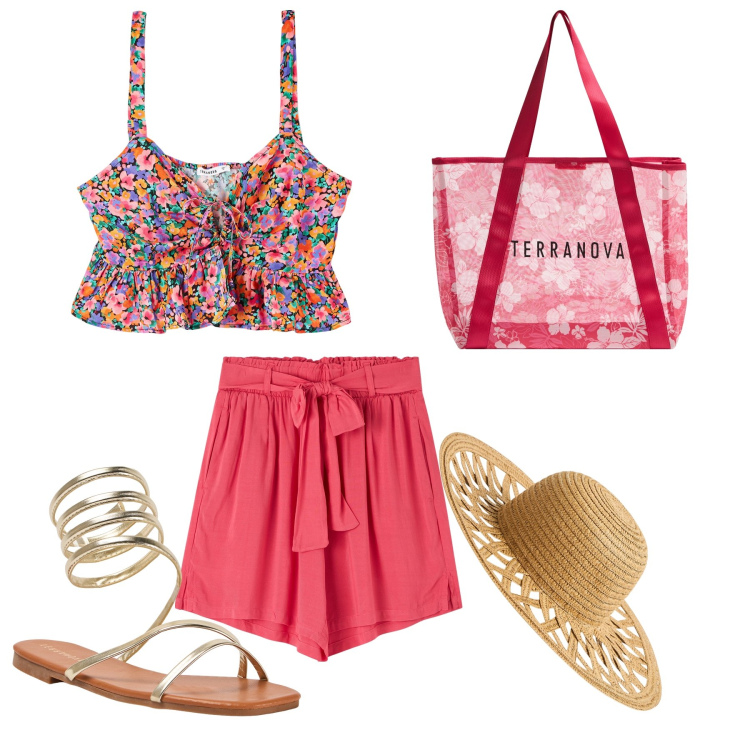 Outfit donna - Fiori e bermuda. Stile Romantica per Tutti i giorni. Abbinamento con shorts, shopping bag, top, sandali, cappelli.