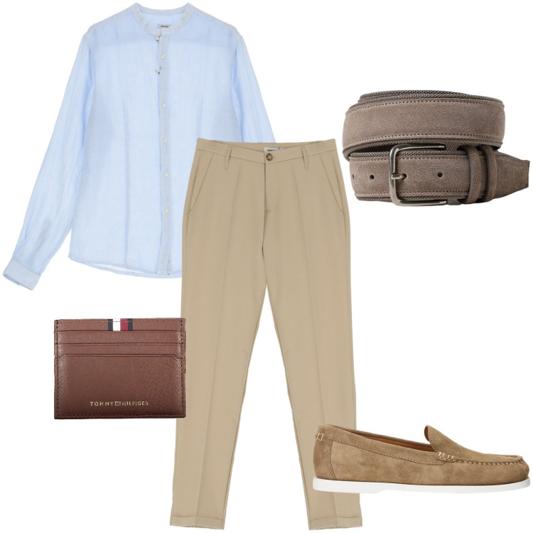 Outfit uomo - Eleganza estiva. Stile Business/Elegante per Serata speciale. Abbinamento con camicie, pantaloni chino, scarpe stringate, cinture, portafogli.