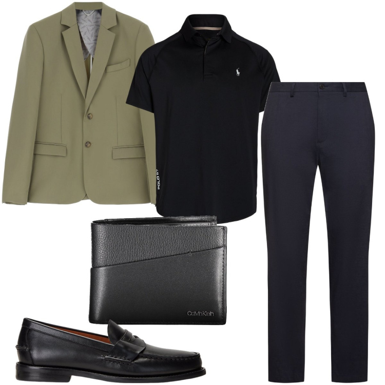 Outfit uomo - Cerimonia serale. Stile Business/Elegante per Cerimonia. Abbinamento con giacche, scarpe stringate, polo, pantaloni, portafogli.