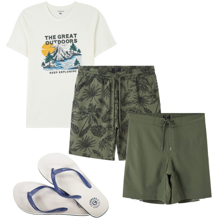 Outfit uomo - Al mattino al mare. Stile Casual per Mare. Abbinamento con bermuda, costumi, t-shirt, sandali.