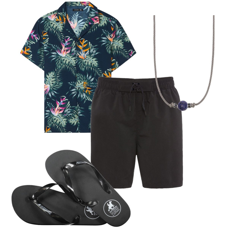 Outfit uomo - In versione relax. Stile Trendy per Mare. Abbinamento con pantaloni corti, camicie a manica corta, collane, sandali.