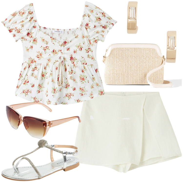 Outfit donna - Total look #1921654. Stile Casual per Tutti i giorni. Abbinamento con borse a tracolla, occhiali da sole, minigonne, bluse, ciabatte, orecchini.