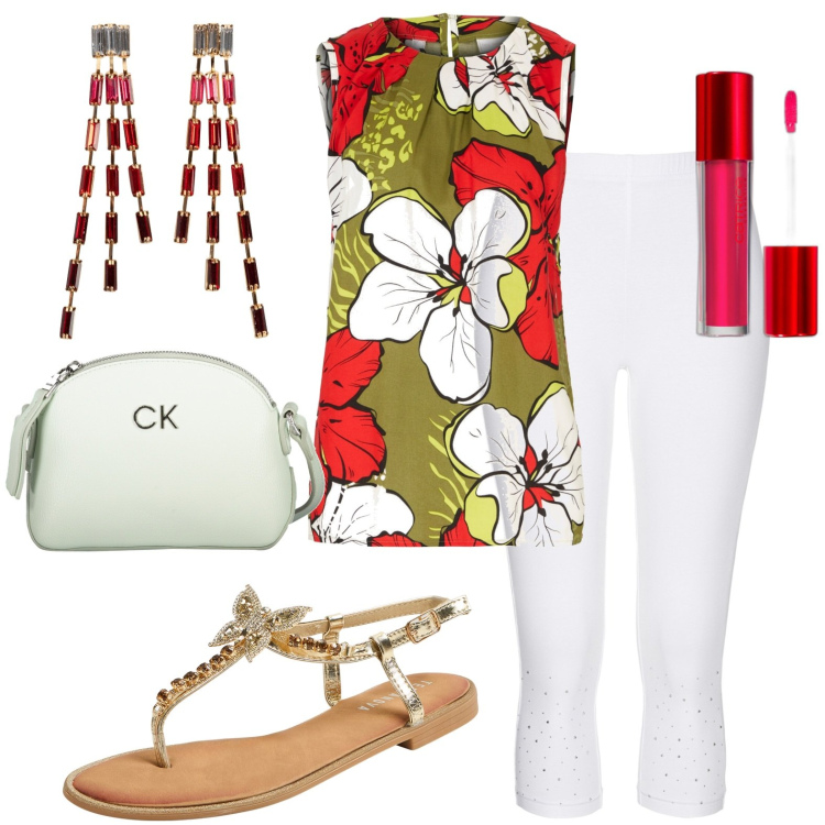 Outfit donna - Total look #1921657. Stile Casual per Tutti i giorni. Abbinamento con top, orecchini, leggings, rossetti, sandali gioiello, borse a tracolla.