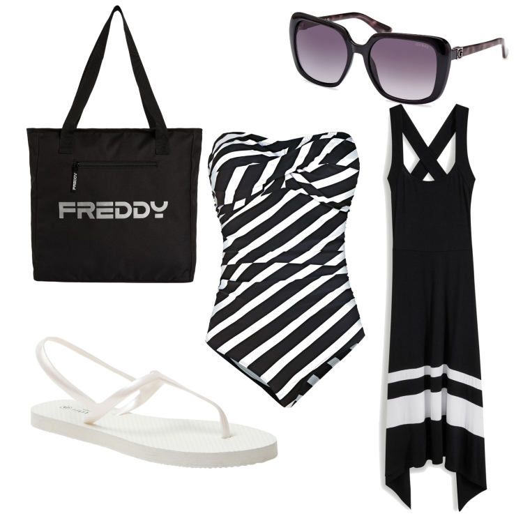 Outfit donna - Il costume a righe. Stile Chic per Mare. Abbinamento con vestiti lunghi, costumi interi, sandali, shopping bag, occhiali da sole.