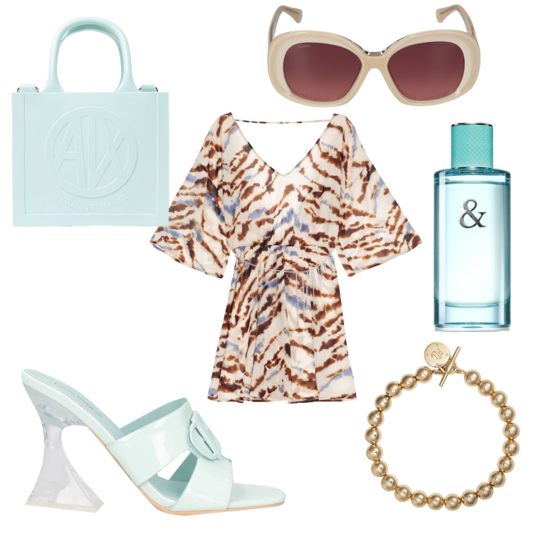 Outfit donna - Serata al mare. Stile Sexy per Mare. Abbinamento con sandali col tacco, profumi, vestiti corti, braccialetti, occhiali da sole, borse a mano.