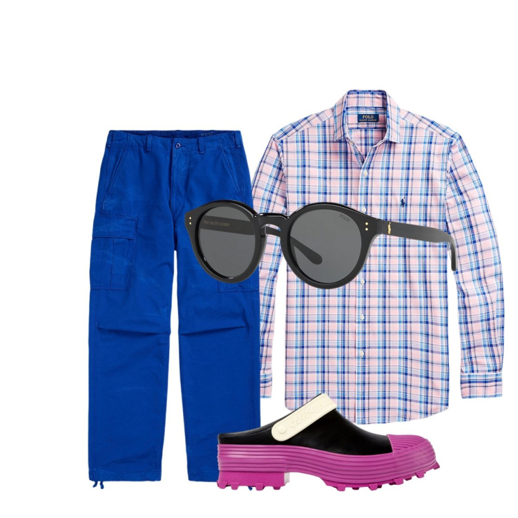 Outfit uomo - Total look #1921725. Stile Trendy per Tutti i giorni. Abbinamento con occhiali da sole, camicie, pantaloni cargo, sandali.