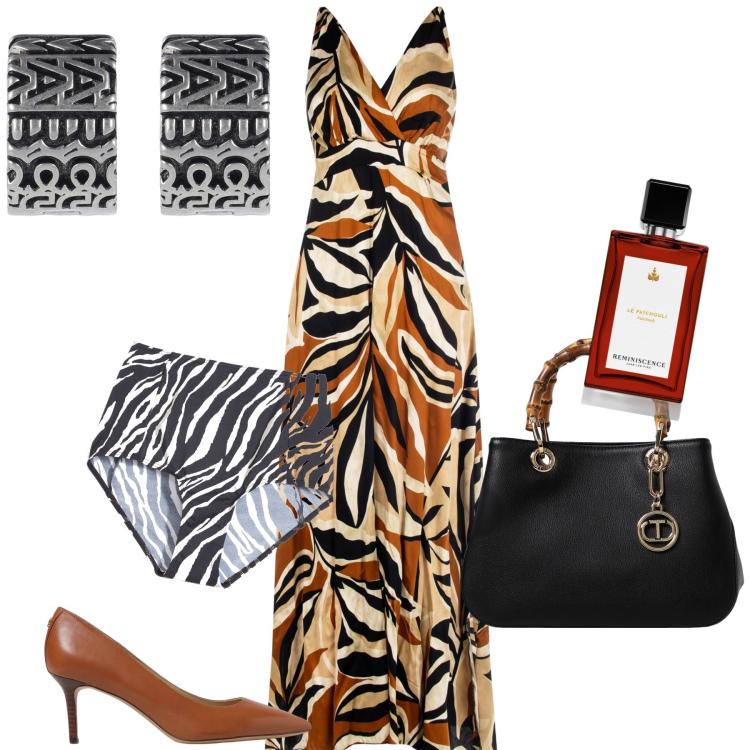 Outfit donna - Nairobi. Stile Trendy per Tutti i giorni. Abbinamento con culotte, profumi, vestiti lunghi, borse a mano, décolleté, orecchini.