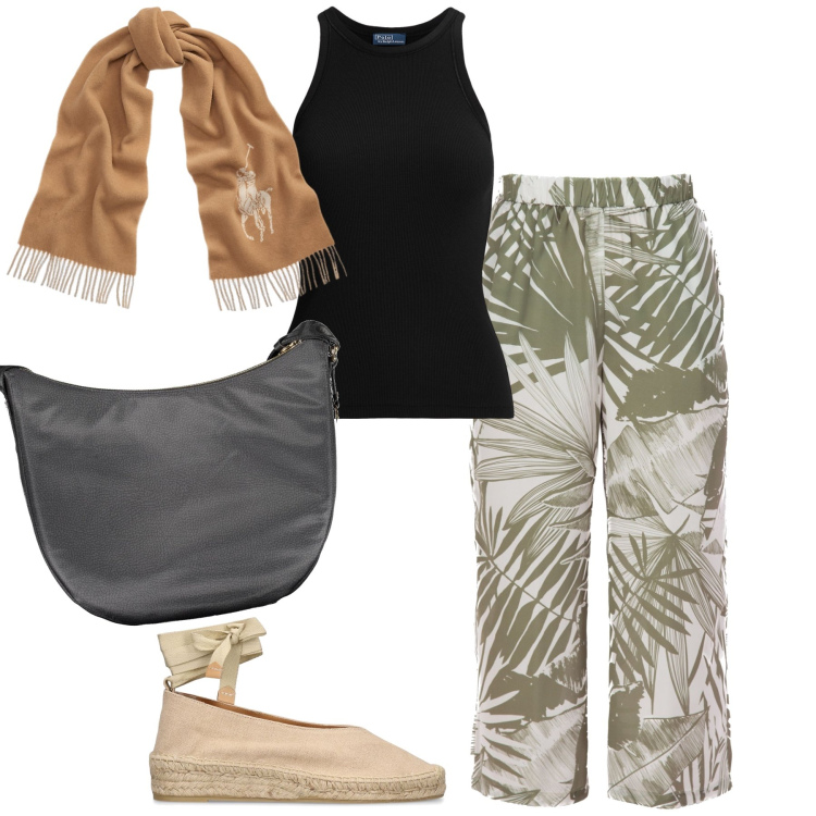 Outfit donna - Savana. Stile Trendy per Tutti i giorni. Abbinamento con canottiere, sciarpe, pantaloni, espadrillas, borse a tracolla.