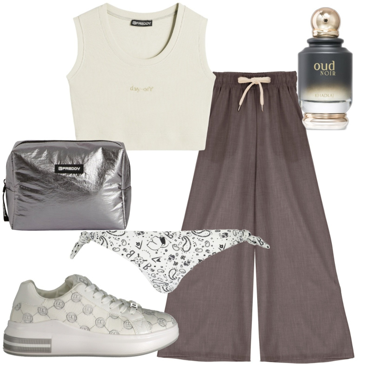 Outfit donna - Total look #1921732. Stile Casual per Tutti i giorni. Abbinamento con profumi, pantaloni a palazzo, valigie, top, sneakers, costumi.