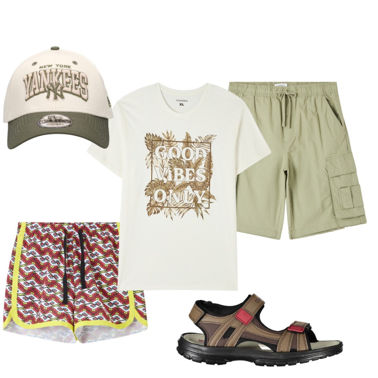 Outfit uomo - Total look #1921737. Stile Casual per Mare. Abbinamento con pantaloni corti, costumi, t-shirt, cappelli, sandali.