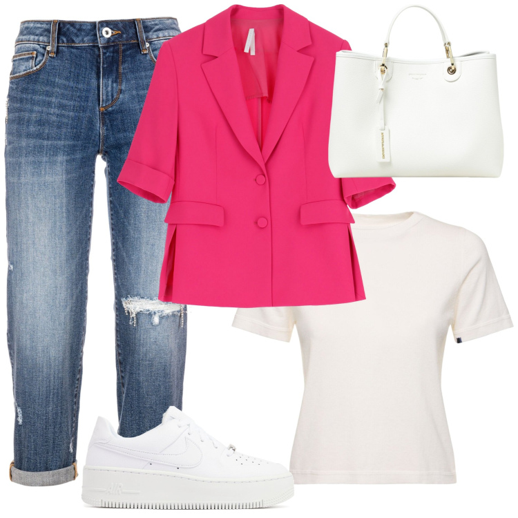 Outfit donna - Total look #1921743. Stile Casual per Tutti i giorni. Abbinamento con jeans strappati, blazer, t-shirt, sneakers, borse a mano.