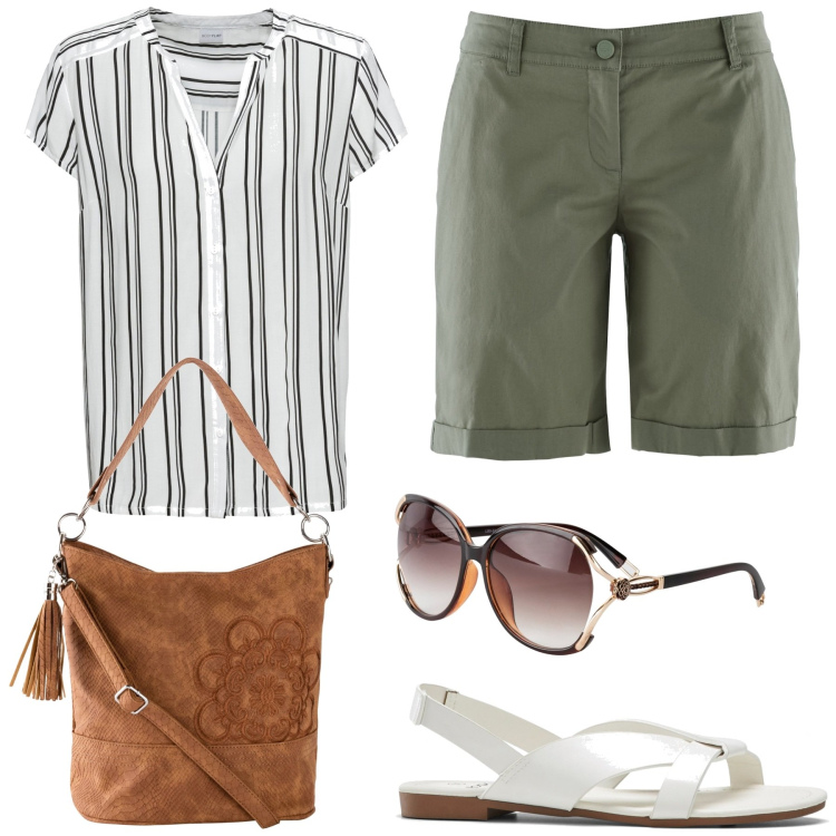 Outfit donna - Al lavoro in bermuda. Stile Casual chic per Ufficio. Abbinamento con camicie a manica corta, sandali, borse a mano, occhiali da sole, bermuda.
