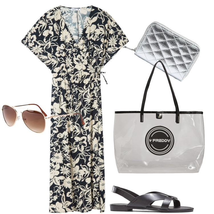 Outfit donna - L’abito a kimono. Stile Boho per Mare. Abbinamento con occhiali da sole, sandali, vestiti lunghi, portafogli, shopping bag.