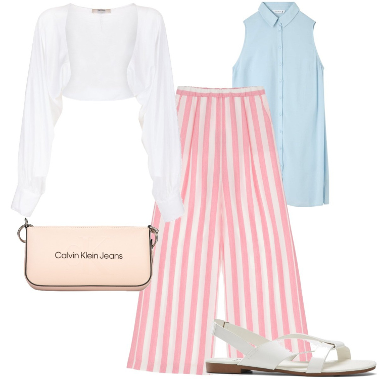 Outfit donna - I pantaloni a righe. Stile Trendy per Ufficio. Abbinamento con sandali, camicie, blazer, pantaloni, borse a spalla.