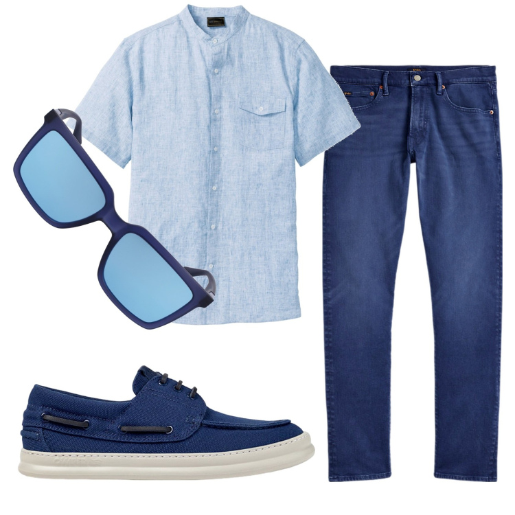 Outfit uomo - Total look #1921787. Stile Casual per Ufficio. Abbinamento con camicie a manica corta, jeans, scarpe stringate, occhiali da sole.