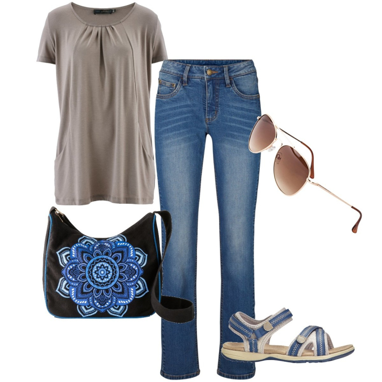 Outfit donna - La borsa con il fiore. Stile Basic per Tutti i giorni. Abbinamento con maglieria, sandali, jeans dritti, occhiali da sole, borse a tracolla.