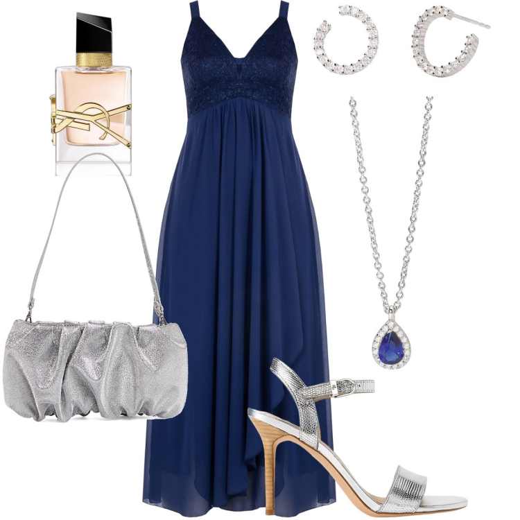 Outfit donna - Blu notte. Stile Chic per Cerimonia. Abbinamento con profumi, orecchini, collane, vestiti lunghi, sandali col tacco, borse a spalla.