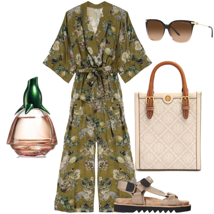 Outfit donna - La tuta con la cintura. Stile Boho per Tutti i giorni. Abbinamento con profumi, tute, occhiali da sole, sandali, shopping bag.